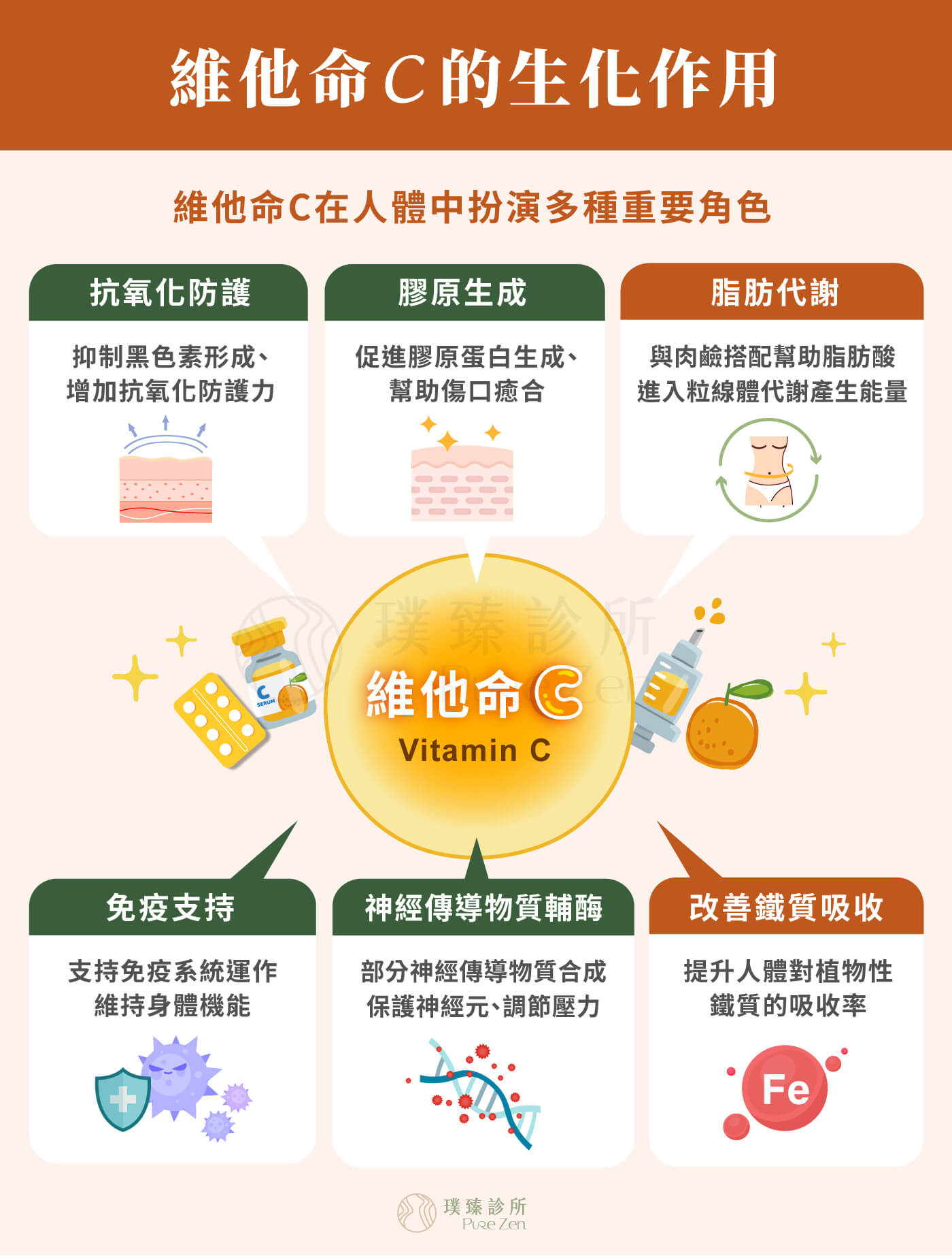 維他命C(Vitamin C)又稱維生素C、抗壞血酸(Ascorbic acid),參與體內多種生化合成,如膠原蛋白、荷爾蒙、肉鹼、膽固醇、神經傳導物質等,具有強大的還原及抗氧化功能,同時是製造膠原蛋白的必須輔因子及構成要素。衛福部國人膳食營養素參考攝取量指出,成人每日建議攝取100mg的維他命C。 維他命C的生化作用_什麼是高單位維他命C靜脈注射點滴營