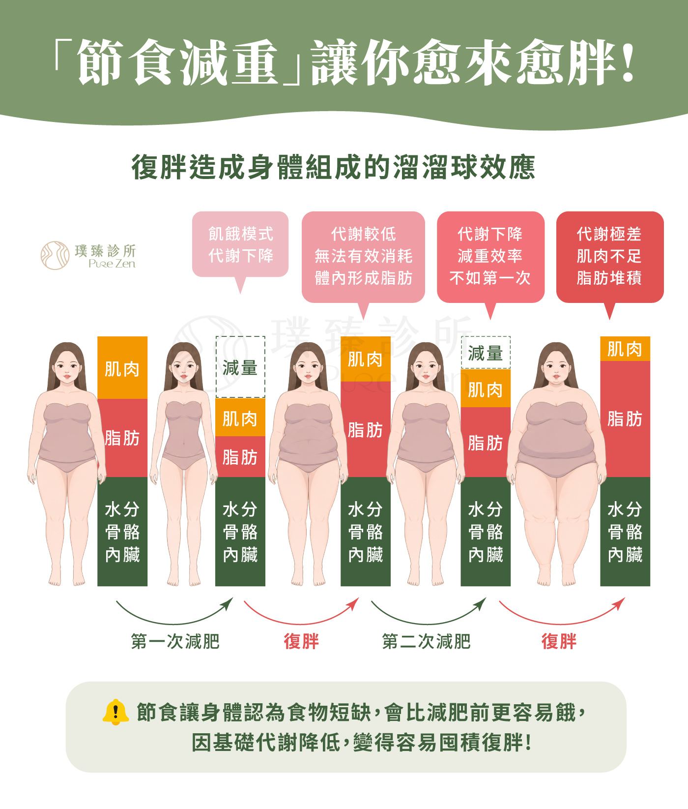 快速瘦身的溜溜球效應,快速減肥會讓身體在短時間感受能量大幅不足,並將這種狀態解讀成「可能面臨飢荒」。身體也會更傾向保留脂肪、優先消耗肝醣、水分,甚至在蛋白質不足時分解肌肉來供能。若快速減重後恢復高熱量飲食,且活動量不足、肌肉量下降,體重與體脂都可能較容易回升。因此許多嘗試快速減肥、反覆減重的人,容易產生脂肪堆積,變成短期有效、長期失控,越減越肥的溜溜球效應。 快速瘦身的溜溜球效應_節食減重讓你越來越胖