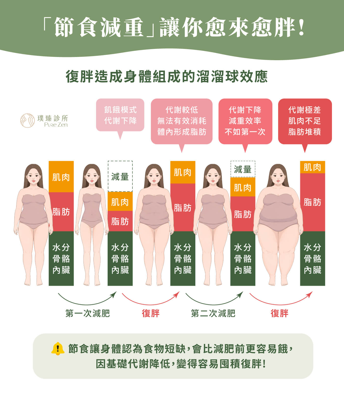 快速瘦身的溜溜球效應,快速減肥會讓身體在短時間感受能量大幅不足,並將這種狀態解讀成「可能面臨飢荒」。身體也會更傾向保留脂肪、優先消耗肝醣、水分,甚至在蛋白質不足時分解肌肉來供能。若快速減重後恢復高熱量飲食,且活動量不足、肌肉量下降,體重與體脂都可能較容易回升。因此許多嘗試快速減肥、反覆減重的人,容易產生脂肪堆積,變成短期有效、長期失控,越減越肥的溜溜球效應。 快速瘦身的溜溜球效應_節食減重讓你越來越胖